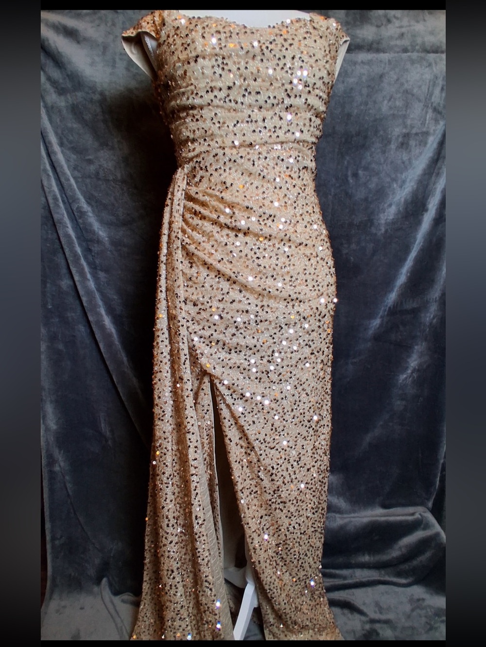 Sequin Ruched Evening Gown in Champagne